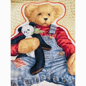 Daisy Kingdom small quilt  VTG lace trim teddy bear nursery blanket 37"/40"
